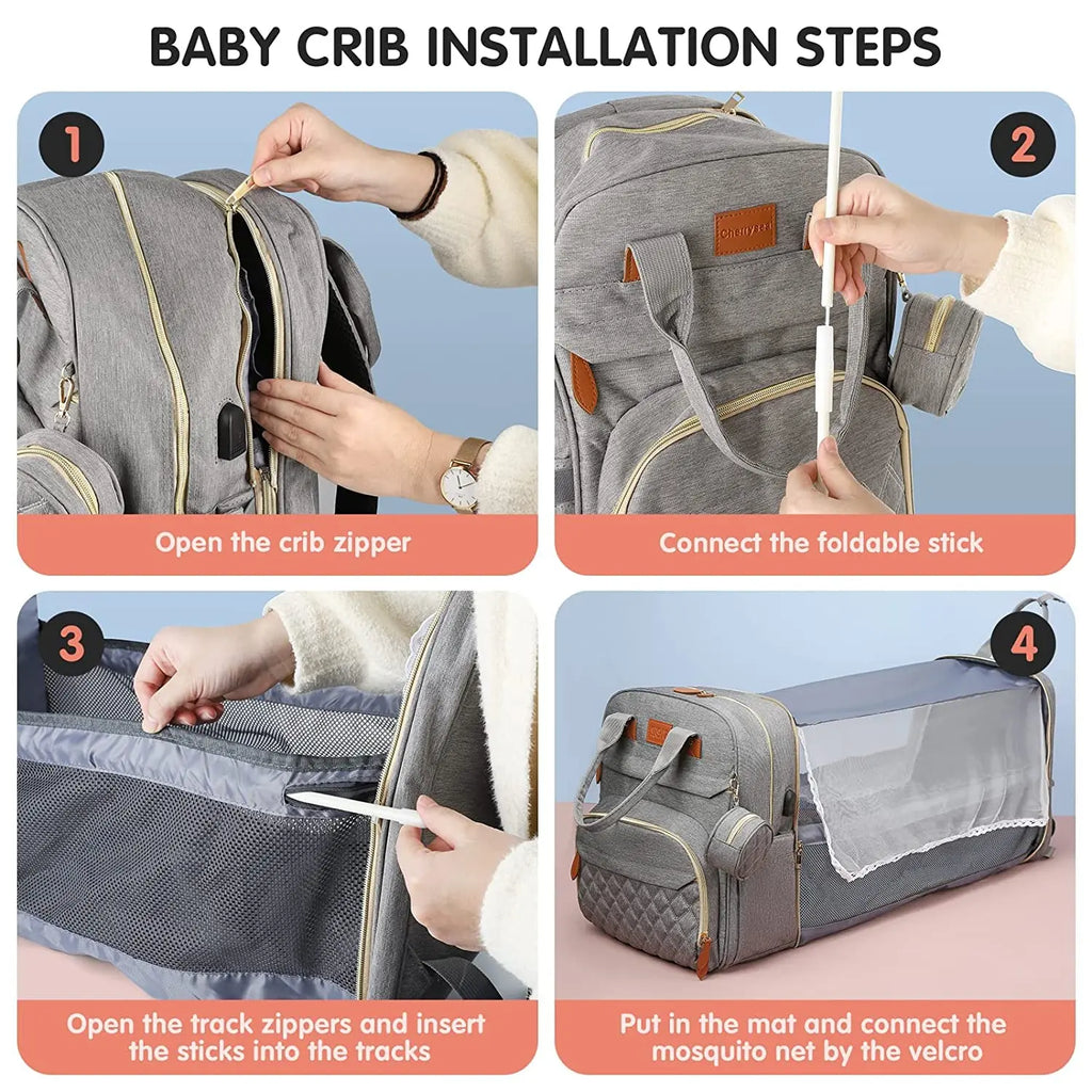 3-in-1 Diaper Bag Backpack with Foldable Baby Bed