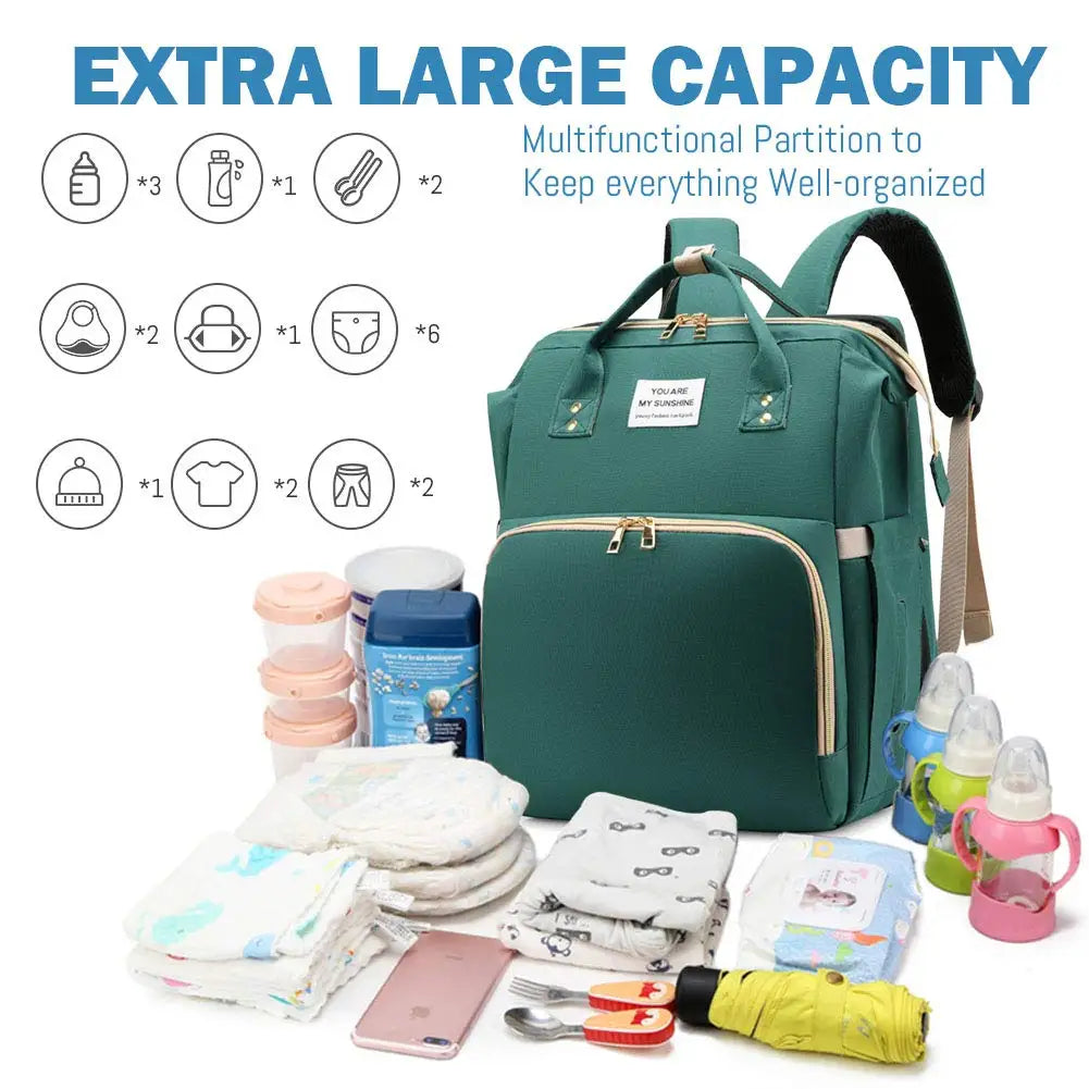 3-in-1 Diaper Bag Backpack with Foldable Baby Bed
