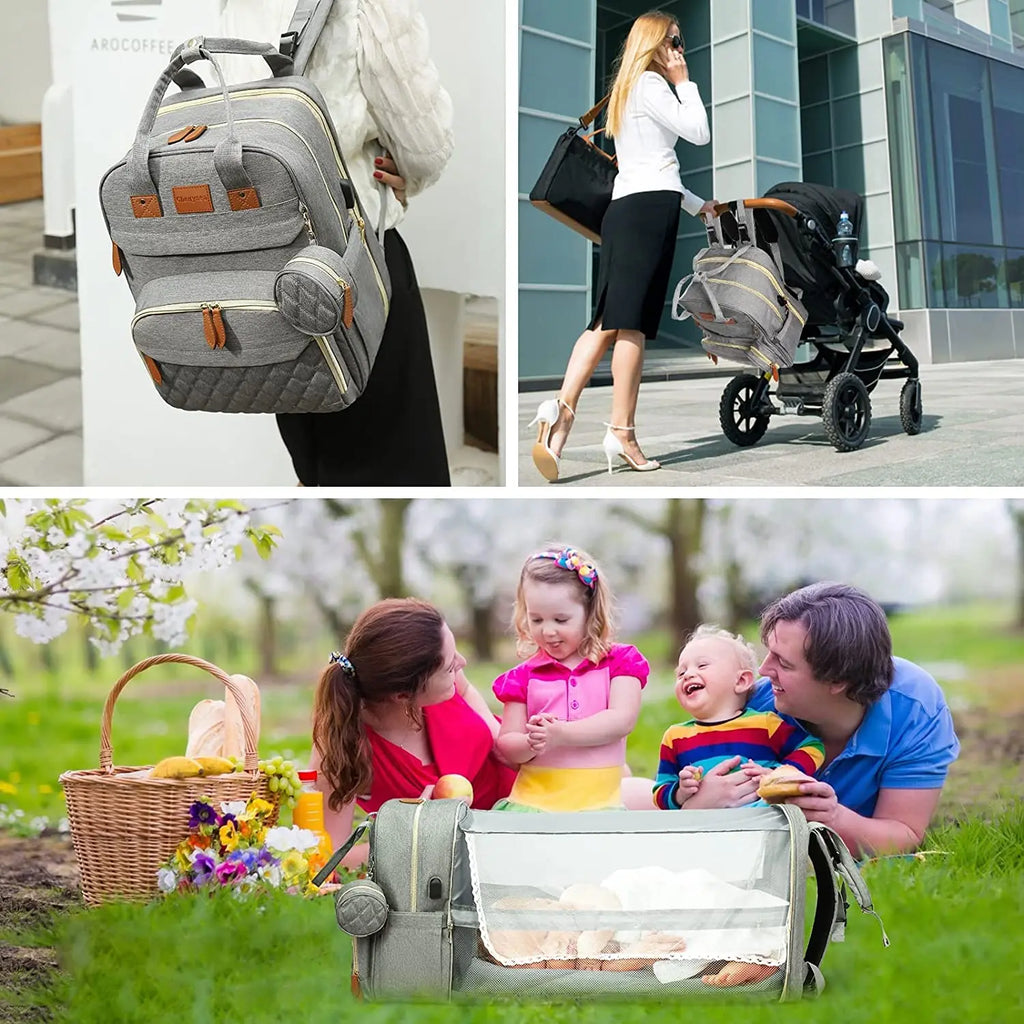 3-in-1 Diaper Bag Backpack with Foldable Baby Bed